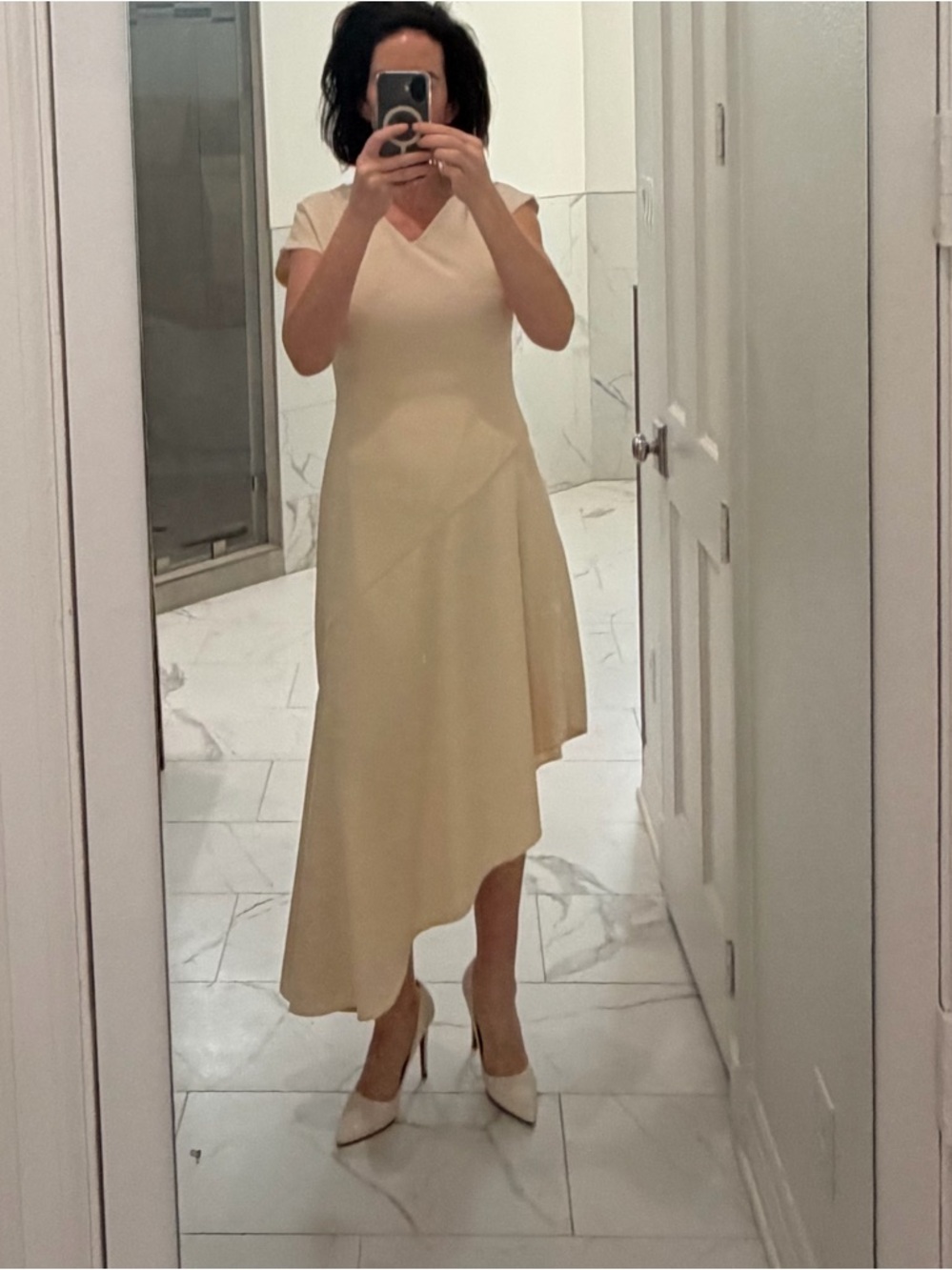 Karen Millen - Like New- Crepe Cream Asymmetrical V-Neck High-Low Dress. SZ 6.